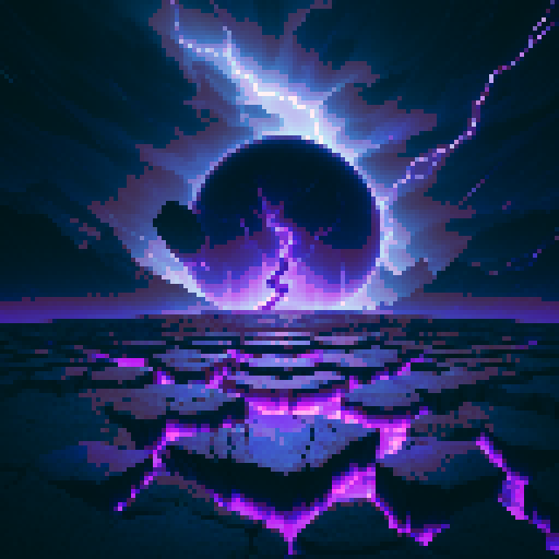 A dark psychic battleground with an off-center perspective, where glowing purple runes on a cracked black floor extend diagonally. Jagged floating crystals and arcs of dark energy surround the arena, with the central focus shifted to the right. Ominous storm clouds with flashes of purple lightning fill the sky, blending into a dark starry background. The environment feels immersive and foreboding, emphasizing depth and a mysterious, otherworldly atmosphere.