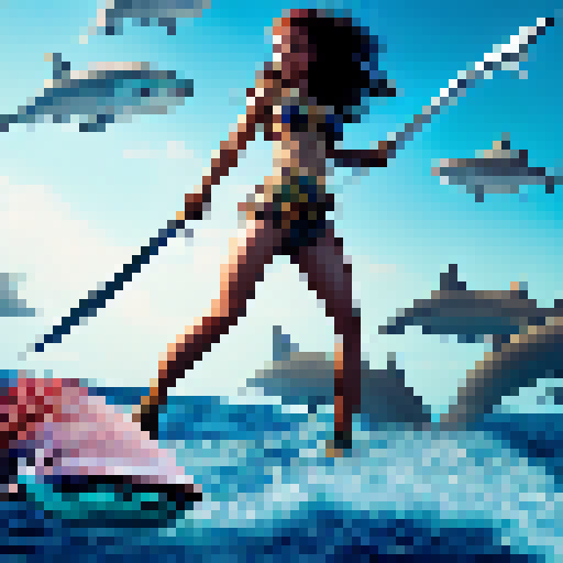 Island queen wields fiery sword, battling sea monsters as the sun beats down on her, surrounded by a school of bloodthirsty sharks.