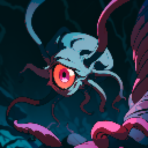 eldritch being, tentacles writhing, full body floating, brain pulsating, many eyes staring, eyeballs bulging, no humans, monsyer, sRGB pixel art