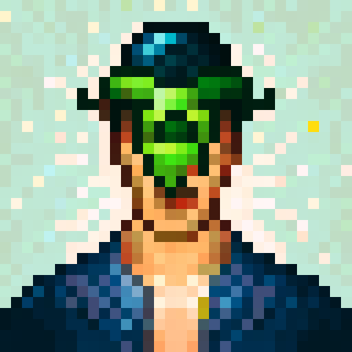 Man with a bowl hat and an apple, pixelated with vibrant colors, looking straight ahead with a mischievous glint in his eyes
