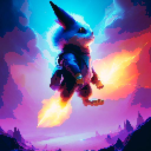 Pikachu Avatar, vibrant electric fur, fierce battle stance, wielding a lightning bolt staff, surrounded by glowing orbs, mystical ruins in the background, conjuring a thunderstorm