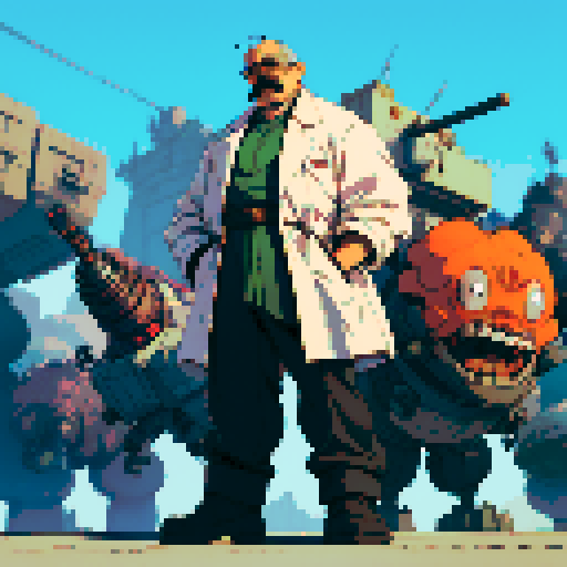 full-body image of mad scientist, fat, mustache, giant robot in background