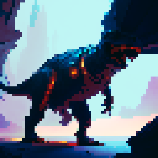 Fierce T-Rex with sharp, jagged teeth and glowing, arcane runes on its scales, standing atop a craggy mountain peak surrounded by swirling, magical mist