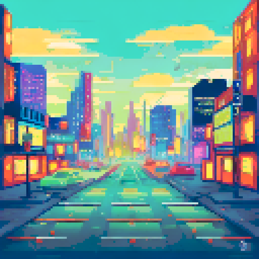 city silhouette, sRGB, pixel art, skyline, vibrant colors, towering skyscrapers, glowing windows, bustling streets, illuminated billboards, lively nightlife, reflective surfaces, busy traffic, twinkling stars, moonlit clouds, sprawling cityscape, dynamic composition, atmospheric perspective, urban energy, architectural details, dramatic shadows, neon signs, futuristic aesthetic, glowing street lamps, geometric shapes, digital art