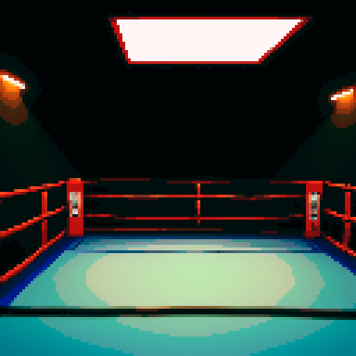 empty boxing ring in a dimly lit environment with a referee standing at  a corner
