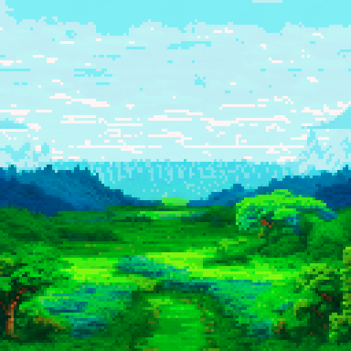 A lush, verdant expanse unfolds beneath a serene sky, showcasing a sprawling canvas of vibrant greenery. Towering trees stand sentinel in the farthest reaches, their canopies weaving a tapestry of rich hues against the horizon. This picturesque scene captures the essence of a tranquil landscape, where the play of light and shadow enhances the intricate details of each leaf and branch, inviting the viewer to immerse themselves in the depth and beauty of nature.