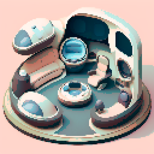 The interior of a small, rounded spaceship from a flat side view. A small, rounded spaceship interior with smooth, curved walls and large windows in the back showing space. In the center is a cryo-pod with a sleeping human inside. A screen on the side and a control panel