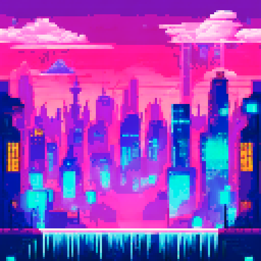 neon-tinted raindrops, liquid light ripples, puddle-covered ground, towering skyscrapers reflections, glowing signs, surreal pixel art