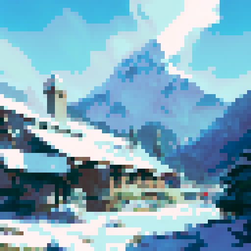 Snow-capped peaks loom behind a sleek, futuristic science lab nestled in the rugged alpine terrain, with icy streams winding through the breathtaking landscape.