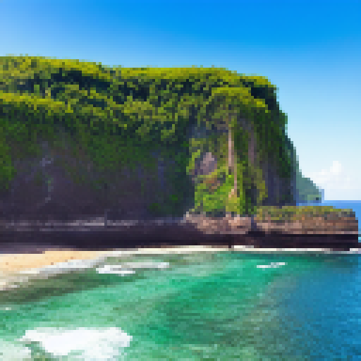 Lush green background with cliffs, ocean and jungle in the distance.
