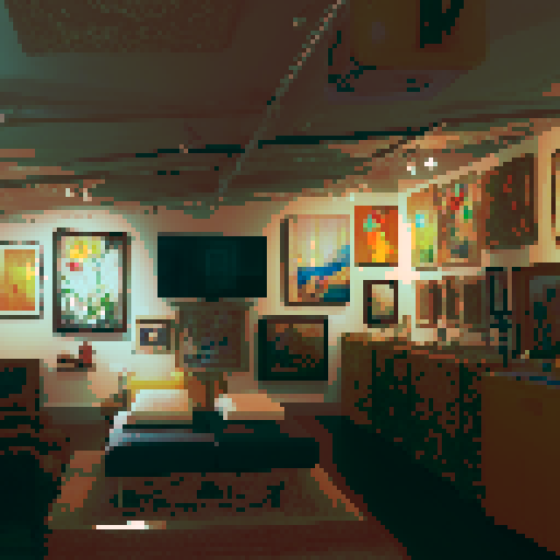 a cozy art gallery with several paintings in view