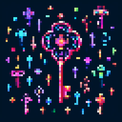 magical key, glowing with vibrant colors, surrounded by mystical symbols, rendered in intricate pixel art, against a background of dark sRGB hues

