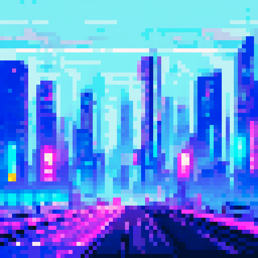 Cyberpunk tower looming over a highway, neon lights reflecting on the asphalt, a glowing sign on the building, all set against a pixel art landscape in sRGB colors