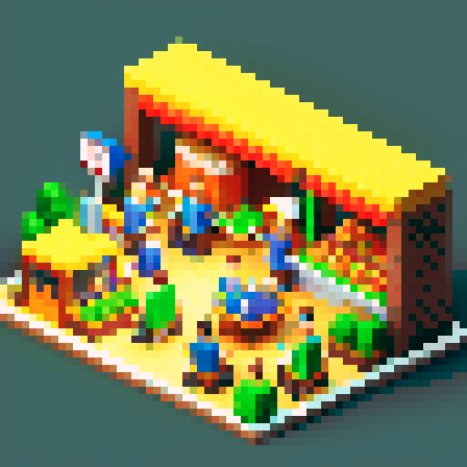 bustling Dining hall with characters eating burgers and a worker at a checkout desk in the center