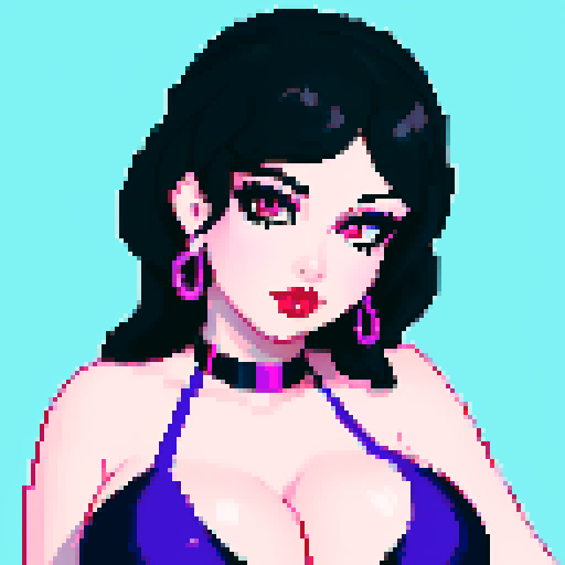 curvy, cute goth girl with black hair, purple eyeshadow, and red lipstick, wearing a bikini, in a glamour shot, with pixel art and sRGB style