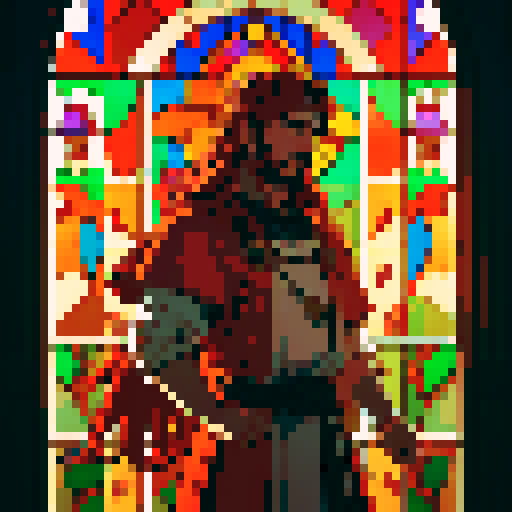Balhmyr Sundrin, noble dwarf cleric with a flowing red beard, shining warhammer, stained glass window depicting gods, warm hues of the setting sun, pixel art style