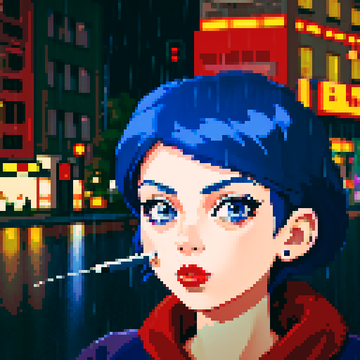 Blue haired 90s pop girl, smoking a cigarette, downtown, in the rain, gritty