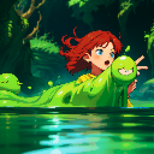 hero sinking into slime, hero drowning in slime, hero has red hair