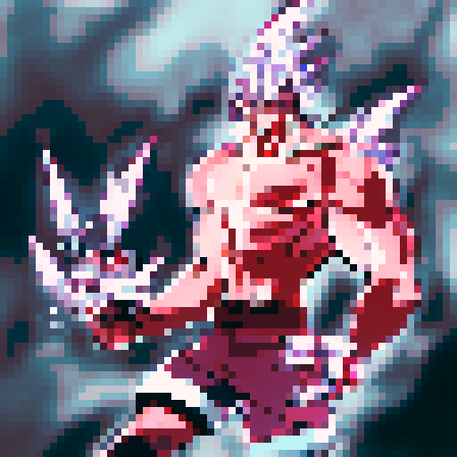 Muscular anime protagonist, with blazing red eyes and intricate tattoos, dominates their rival in a heated power struggle amidst a fiery backdrop.