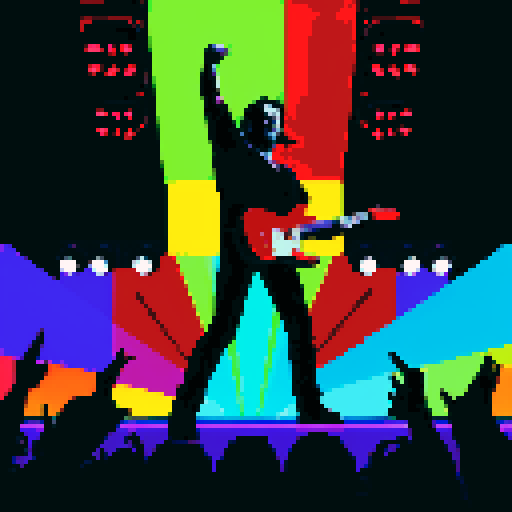 Bruce Springsteen silhouette, bold black lines, vibrant colors, pixelated style, sRGB palette, energetic stage presence, iconic guitar stance, dynamic pixel art rendition, nostalgic 8-bit graphics, electric atmosphere, captivating stage lighting, pixel-perfect details, retro video game vibes, crowd cheering, pulsating rock music, powerful lyrics