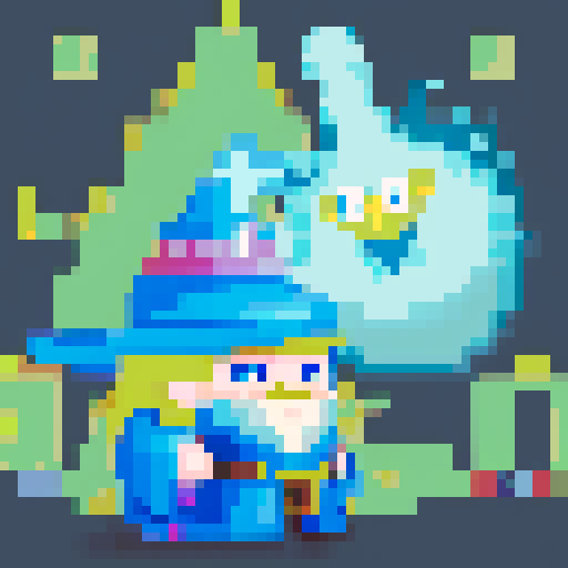Create a pixel art character of a whimsical wizard, inspired by a cartoon style similar to the provided image. The wizard should wear a blue robe covered with yellow stars and a matching pointy hat. He should have a playful grin