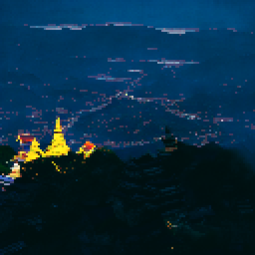 Night view, Thai yellow temple, On mountain, night city below the mountain