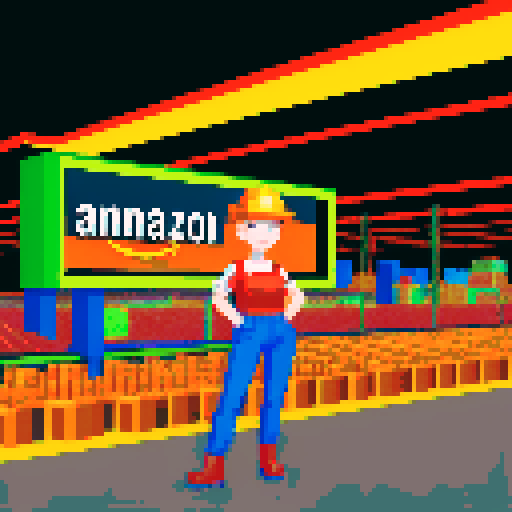 young, warehouse female worker, Amazon Germany, pixel art, vibrant colors, retro aesthetic, busy conveyor belts, stacks of packages, robotic arms, barcode scanners, glowing computer screens, pixelated logo, energetic motion lines, pixelated Amazon logo, German flag colors
