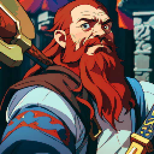 red bearded dwarf cleric, wielding a great hammer, surrounded by a golden aura, in a pixel art style using vibrant sRGB colors