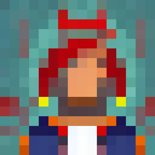 Thor, wielding Mjolnir, stands atop a thundercloud with lightning bolts striking behind him, his muscular frame adorned in chainmail armor and a red cape billowing in the wind, all captured in a retro 16x16 pixel portrait.