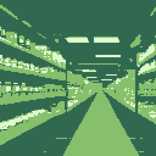pixelated shelves, colorful cereal boxes, retro soda cans, fluorescent lights, shopping carts filled with groceries, checkout counters, price tags, patterned linoleum floor, handwritten signs, vinyl flooring, shopping aisle markers, nostalgic product packaging, shopping baskets, shopping list on paper, shopping bags, handheld scanners, shopping receipts, magazine rack, tabloid headlines, lottery ticket dispenser, shopping carts in rows, shopping aisle signs, pixel art with strong dark outlines