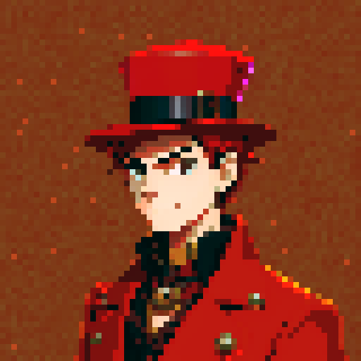 steampunk young man, red coat, red hat, 2D game stance, pixel art, sRGB