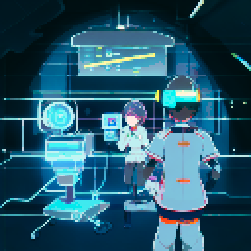 Robot nurse checking vitals of injured man, surrounded by glowing medical equipment and beeping monitors, with a futuristic cityscape visible through the window in the background