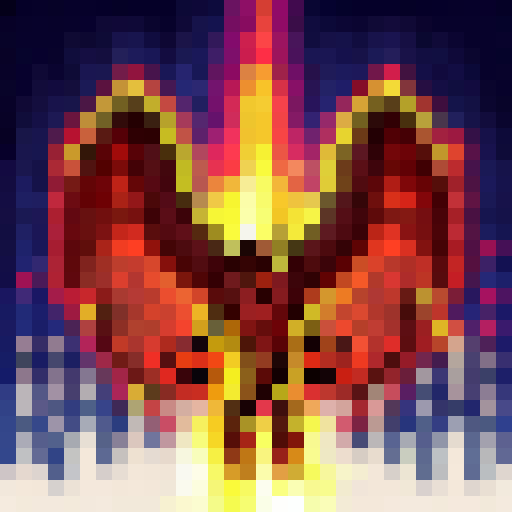 Demon Hunter with fiery wings, wielding a crossbow and a sword, standing atop a crumbling stone tower against a blood-red sky, all in a pixelated 32x32 skill art style.