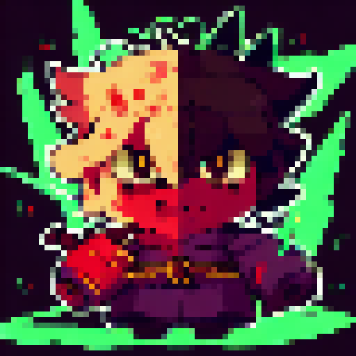 Demon slayer wielding a glowing sword, with fiery eyes and spiky hair, against a dark, pixelated background, in a character portrait close-up rendered in anime style.