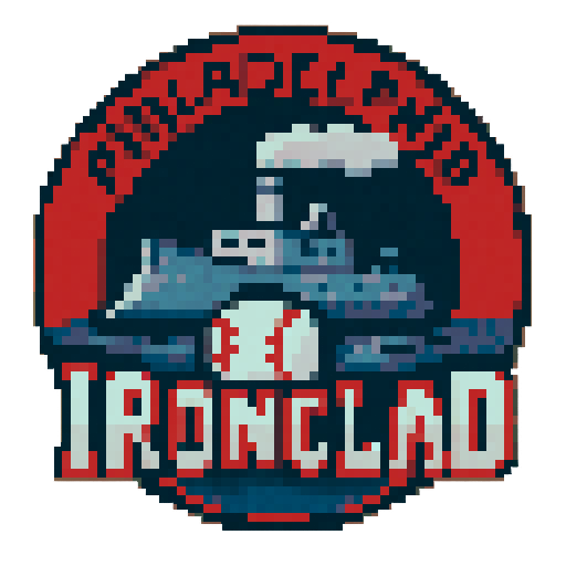 Can you make logo of a fictional baseball team? Pixel perfect pixel art. The level of detail should be similar to that of Sonic of the Hedgehog. Use dithering and anti-aliasing when needed.  The name of the team is the Philadelphia Ironclad.  Ironclad is the a reference to the old war ship.  Use the color scheme of lightish navy blue, red, and light gray.