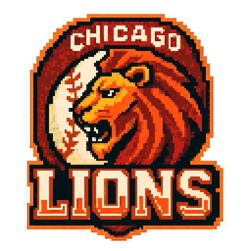 Pixel art of a fictional baseball team called the Chicago Lions. Simple logo, orange, red, white, sharp outlines, and soft pixel shading. The logo design mimics 80s MLB logos. Use a vibrant Sega Genesis 16-bit style with selective dithering, geometric forms, and nostalgic retro charm. Avoid modern gradients—keep it pure pixel art.