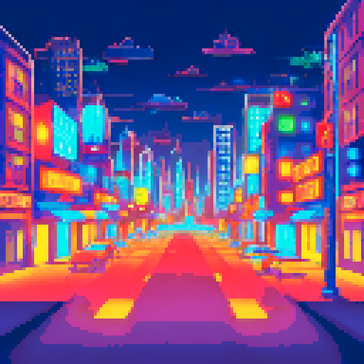 city silhouette, sRGB, pixel art, skyline, vibrant colors, towering skyscrapers, glowing windows, bustling streets, illuminated billboards, lively nightlife, reflective surfaces, busy traffic, twinkling stars, moonlit clouds, sprawling cityscape, dynamic composition, atmospheric perspective, urban energy, architectural details, dramatic shadows, neon signs, futuristic aesthetic, glowing street lamps, geometric shapes, digital art