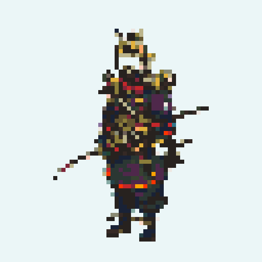 historically accurate muromachi samurai in traditional armor, roguelike rpg full-body sprite