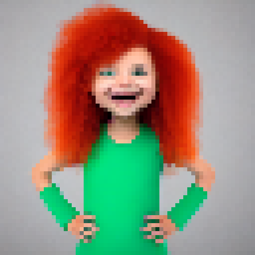cartoony young girl with red-orange hair and a big smile, full body