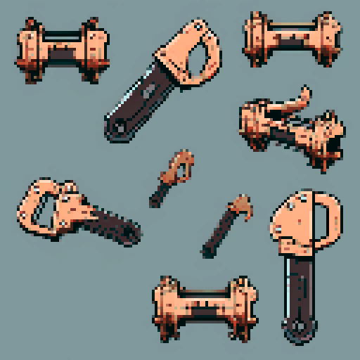 I want a copper structure reminiscent of an magical chainsaw. It should have strange mechanical details that could interlock with other pieces. I also want this object usable an asset in a videogame, meaning only one object per image, outlined with a strong black stroke, on a solid-color background.