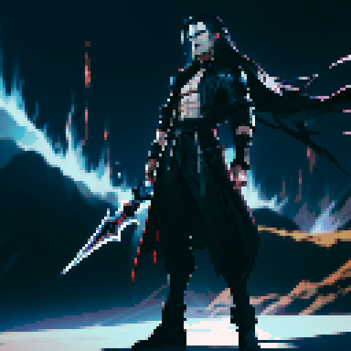Full-body image of a villain like Sephiroth from FF7 except he has black hair.
