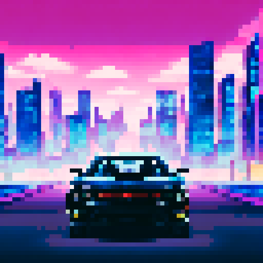 Sleek black Dodge Charger 2020, roaring down a winding road in a vibrant, neon-lit cityscape, with pixelated skyscrapers and a moody sRGB background