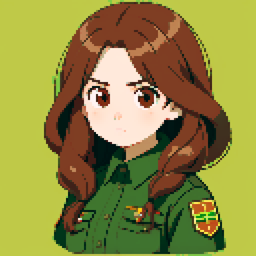 young girl, large round eyes, soft long hair, innocent expression, brown hair, brown eyes, wearing combat green army uniform, upper body close-up, transparent background, clean and detailed, game icon, centered composition
