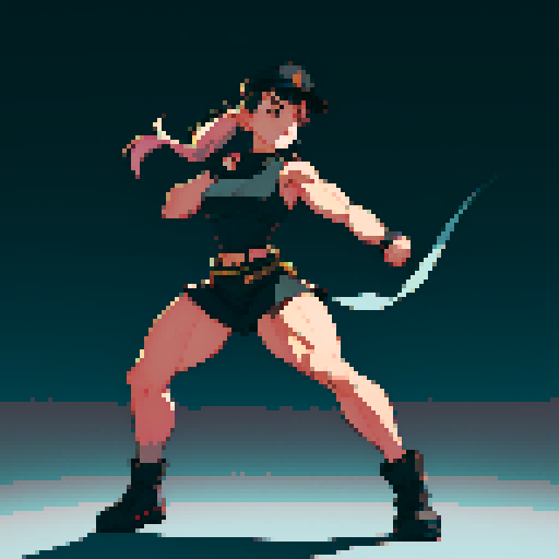 full-body image, muscle girl, female, thick biceps, big shoulders, big fists, muscular physique, thick waist, facing left, ready to fight, exaggerated proportions, black military uniform, black hat, military backdrop, sRGB, pixel art, no background, no backdrop, facing left, fists raised, ready to fight