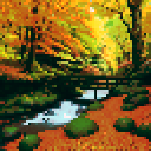 dense, moss-covered trees, vibrant autumn foliage, winding dirt paths, towering evergreens, sunlight filtering through the canopy, fallen leaves crunching underfoot, a tranquil creek flowing through the forest, small woodland creatures scurrying about, a quaint wooden bridge, patches of colorful mushrooms, pixelated tree trunks, vibrant shades of green and orange, a serene atmosphere, sRGB color palette
