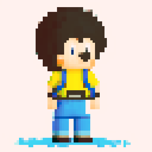 A single sprite of a young boy with a backpack on, pixel art, facing the camera, with a plain expression, on a plain background. His eyes are blue and his hair is brown. His backpack is red. He's wearing green hiking pants with brown shoes.