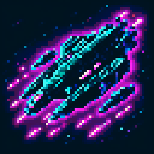 16-bit pixel art spaceship, blocky silver hull with rust patches, glowing cyan engines at the back, long cyan-magenta hyperspace trail streaming behind, black starry background, SNES retro style, 64x64px grid, limited 16-color palette, sharp pixel edges