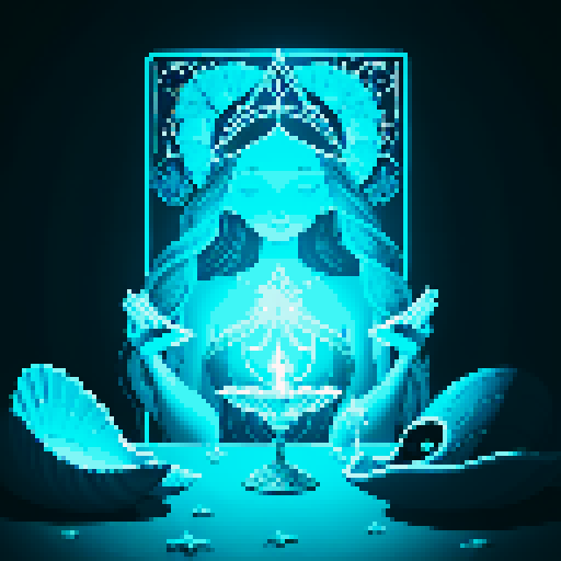 A close-up of a woman's hands over a table during a tarot card reading in a medieval dark style. The table is adorned with elements of the ocean such as sea shells, sand, and small pieces of coral. The atmosphere is mystical and dimly lit, with candlelight casting shadows that enhance the eerie and magical mood. The woman's hands are gracefully poised over the cards, which also have oceanic designs like waves and mermaids.