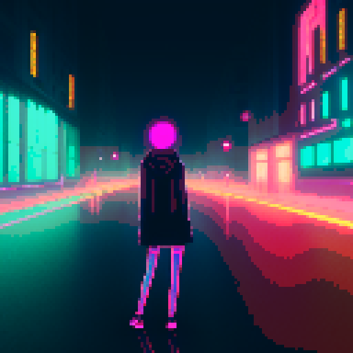 hacker girl, lonely rainy day, glowing neon codes, flickering screens, vibrant pixelated cityscape, futuristic attire, headphones, city lights reflecting on wet pavement