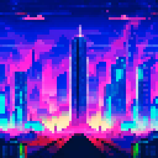 A towering, neon-lit skyscraper rises above a sprawling, pixelated cityscape with a vibrant, sRGB color scheme, all set against a starry, futuristic background reminiscent of a sci-fi landscape
